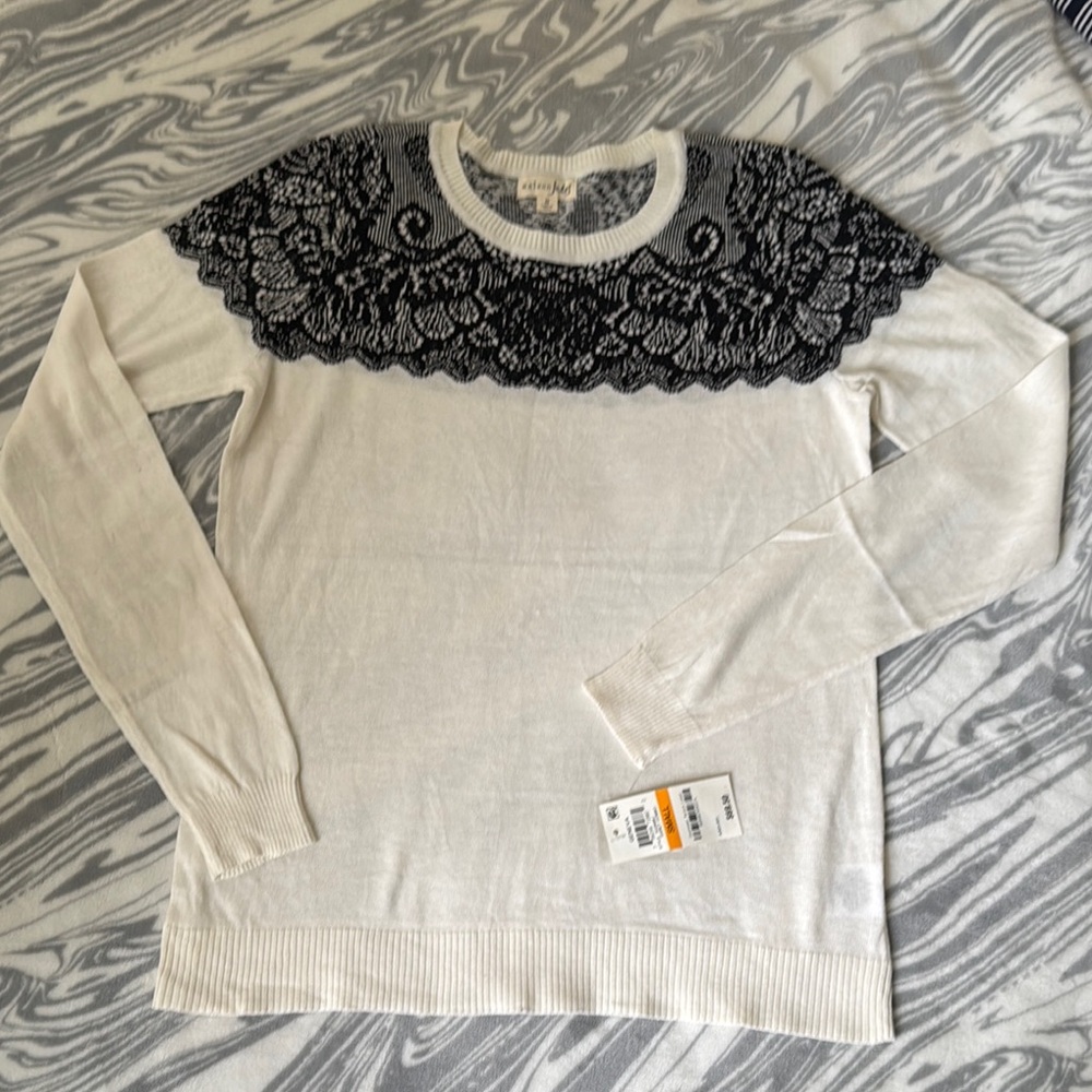 Maison Jules White Sweater with Black Lace Detail